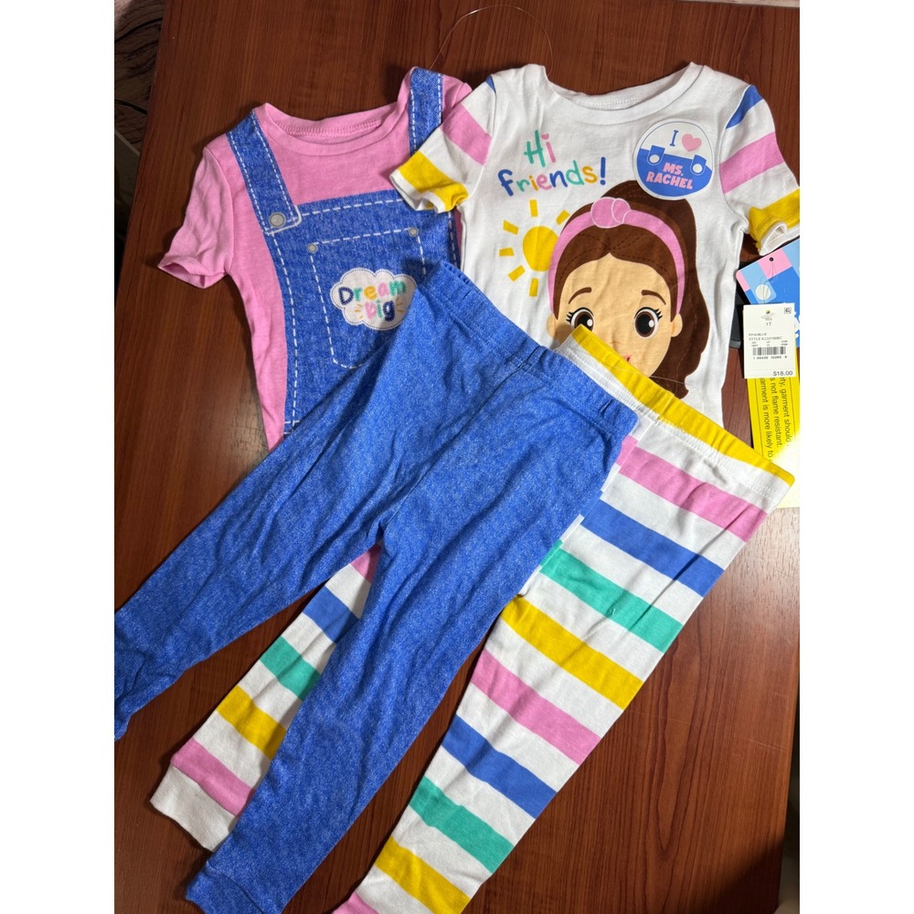 Ms Rachel Toddler Girls 4 Piece Pajama Set Snug Fit Cotton 3T Pink Blue White